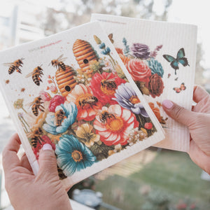 Eco-Friendly Swedish Dishcloths - Bees and Spring Flowers Set of 3 (Paper Towel Replacements)