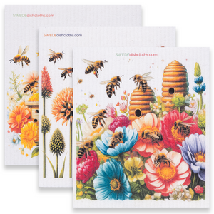 Eco-Friendly Swedish Dishcloths - Mixed Bees Set of 3 (Paper Towel Replacements, One of Each Design)