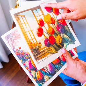 Eco-Friendly Swedish Dishcloths - Mixed Tulips Set of 3 (Paper Towel Replacements, One of Each Design)