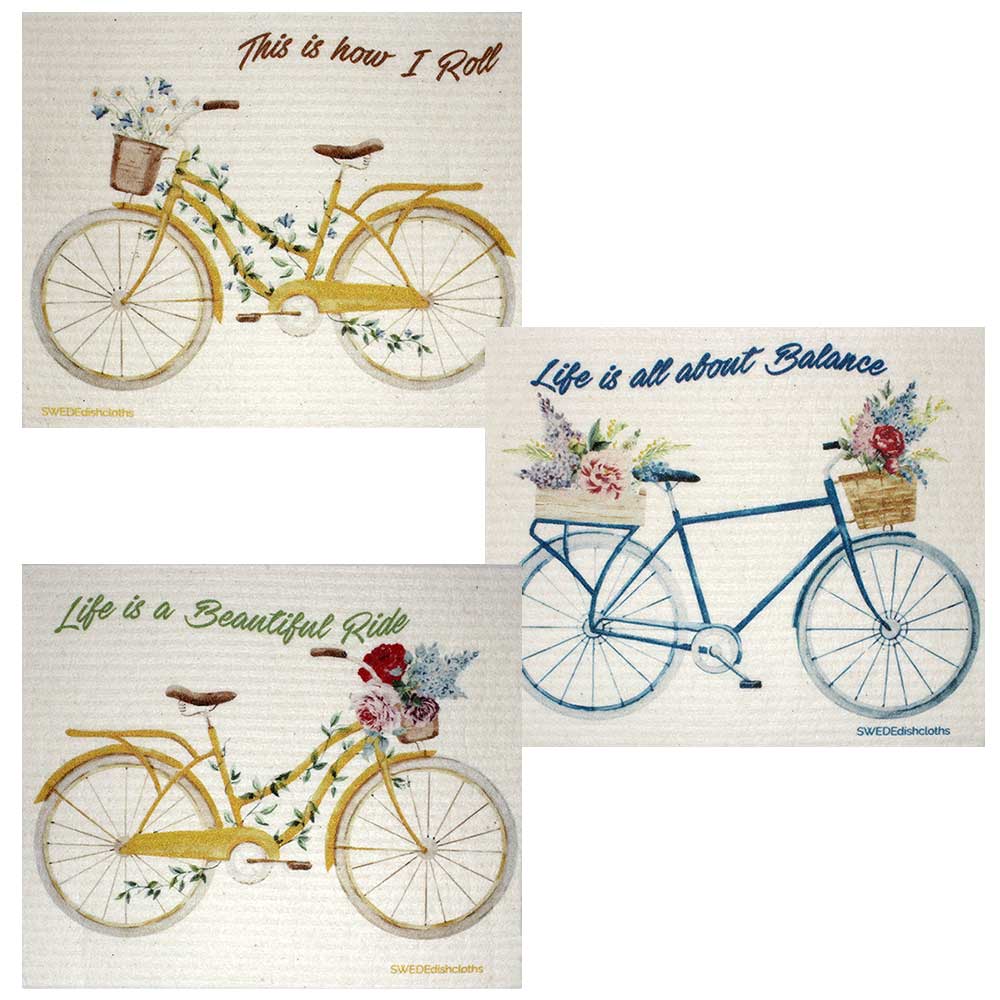 Swedish Dishcloths Bike Sayings Set of 3 cloths (one of each design)  Eco Friendly Absorbent Cleaning Cloth