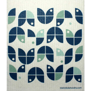Geometric Flowers Blue on White One cloth Swedish Dishcloths | ECO Friendly Absorbent Cleaning Cloth