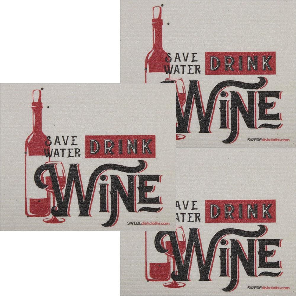 Save Water Drink Wine Set of 3 each Swedish Dishcloths | ECO Friendly Absorbent Cleaning Cloth | Reusable Cleaning Wipes